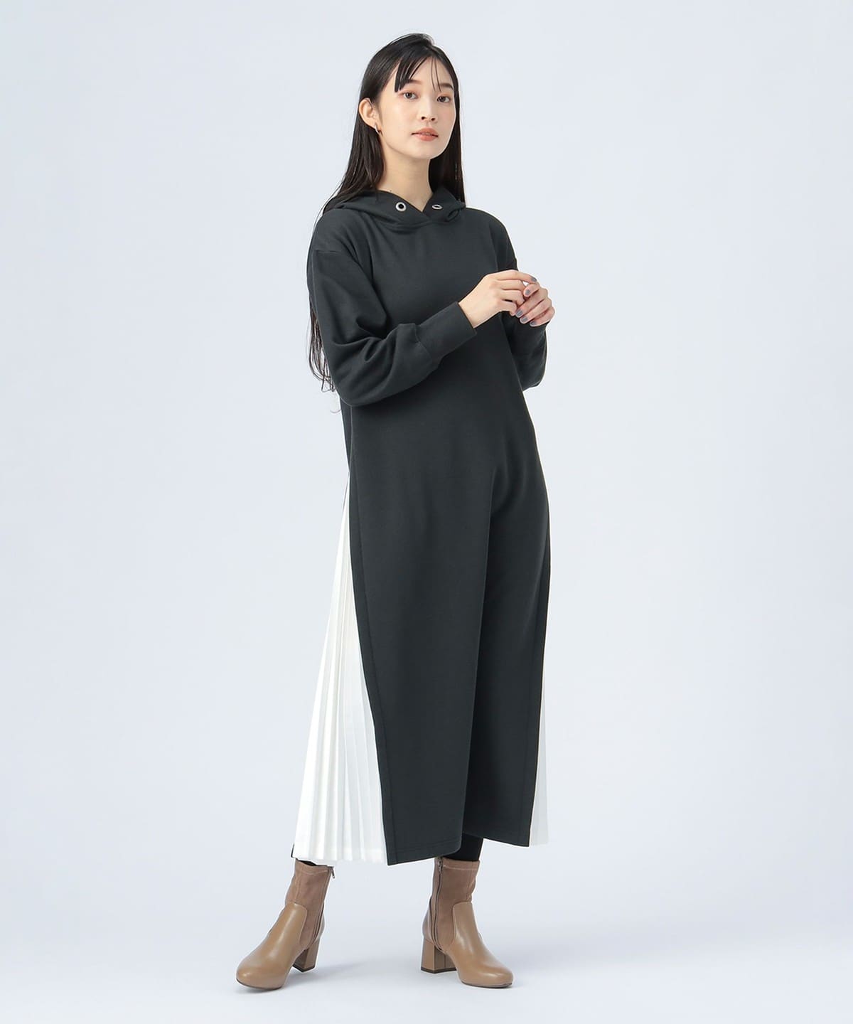 サイド プリーツ フーディー ワンピース ワンピース WOMEN BLACK ONE SIZE