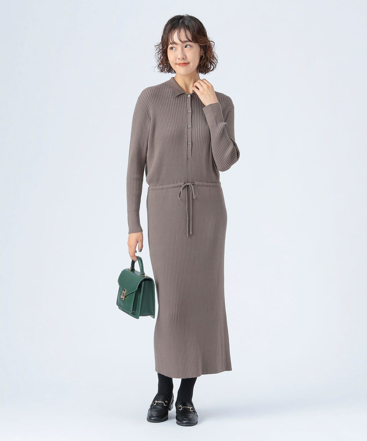 極美品　近年モデル　ビームスゴルフ　ニットワンピース　ウール　リブ　ロング BEAMS HEART（ビームス ハート）リブニット ポロ ワンピース