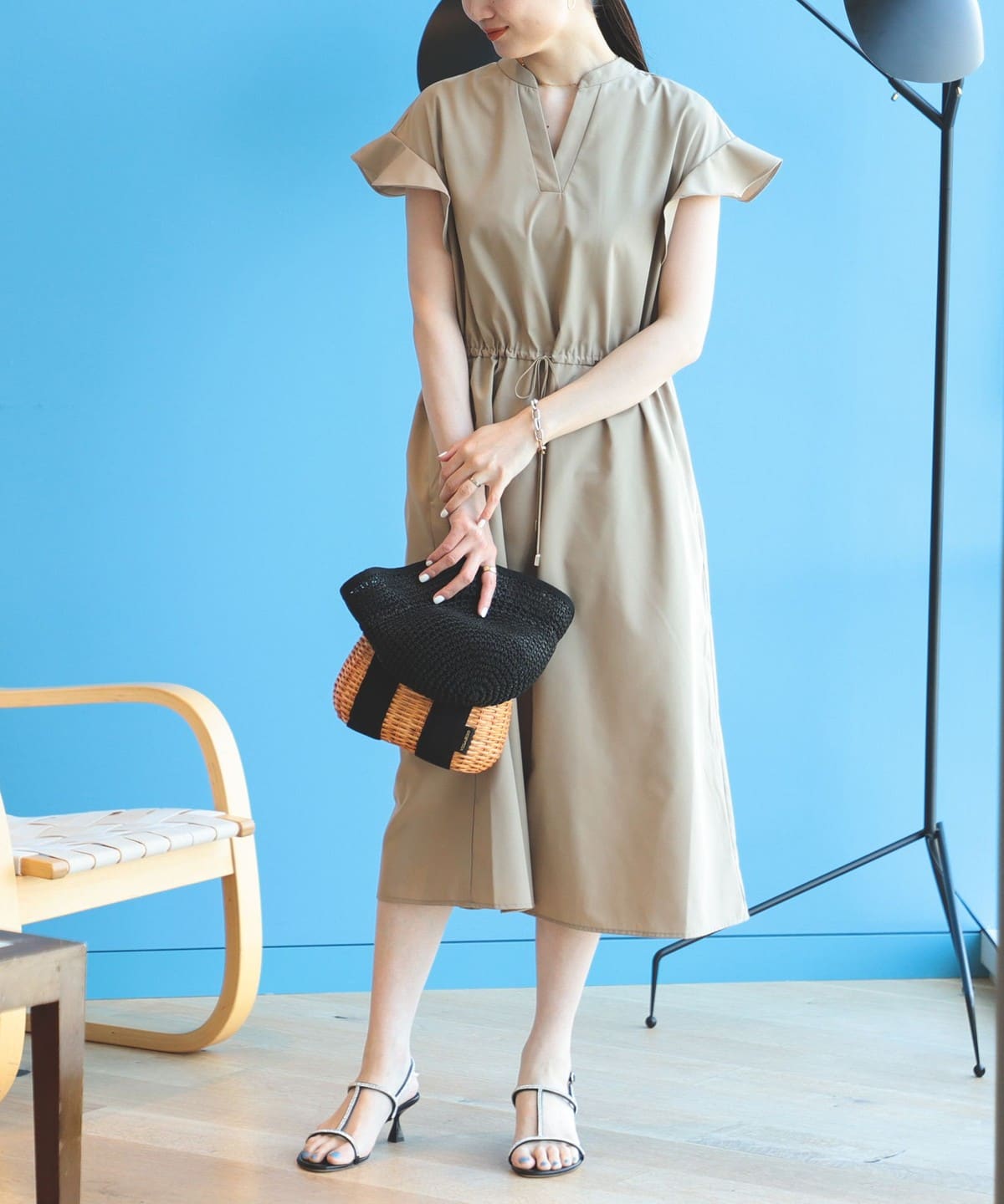 フリル袖 ドロストワンピース ワンピース WOMEN BEIGE FREE フリル袖 ドロストワンピース ワンピース WOMEN BEIGE FREE