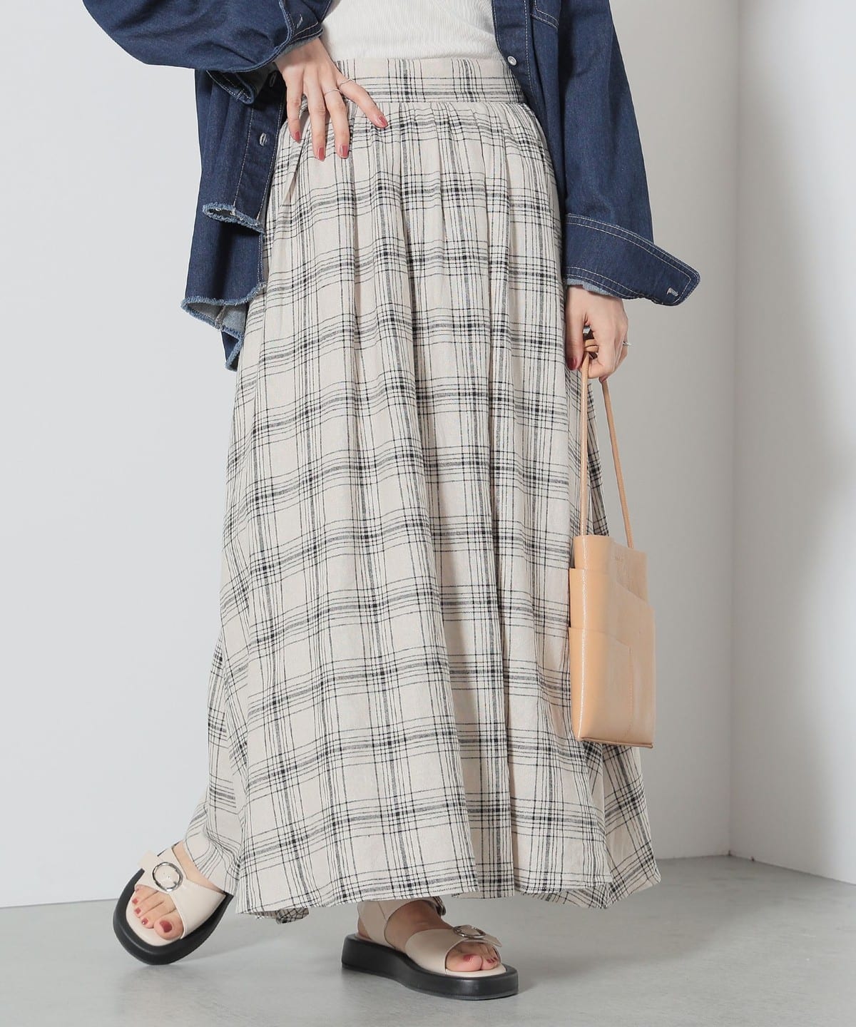 リネン混 フレアロングスカート スカート WOMEN CHECK ONE SIZE リネン混 フレアロングスカート スカート WOMEN CHECK ONE SIZE