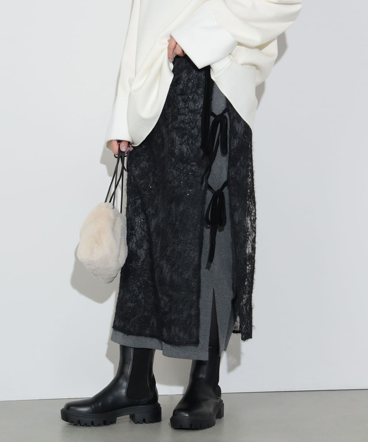 起毛レースエプロン × リブスカート(セットアイテム) スカート WOMEN BLACK×CHARCOAL ONE SIZE 起毛レースエプロン × リブスカート(セットアイテム) スカート WOMEN BLACK×CHARCOAL ONE SIZE