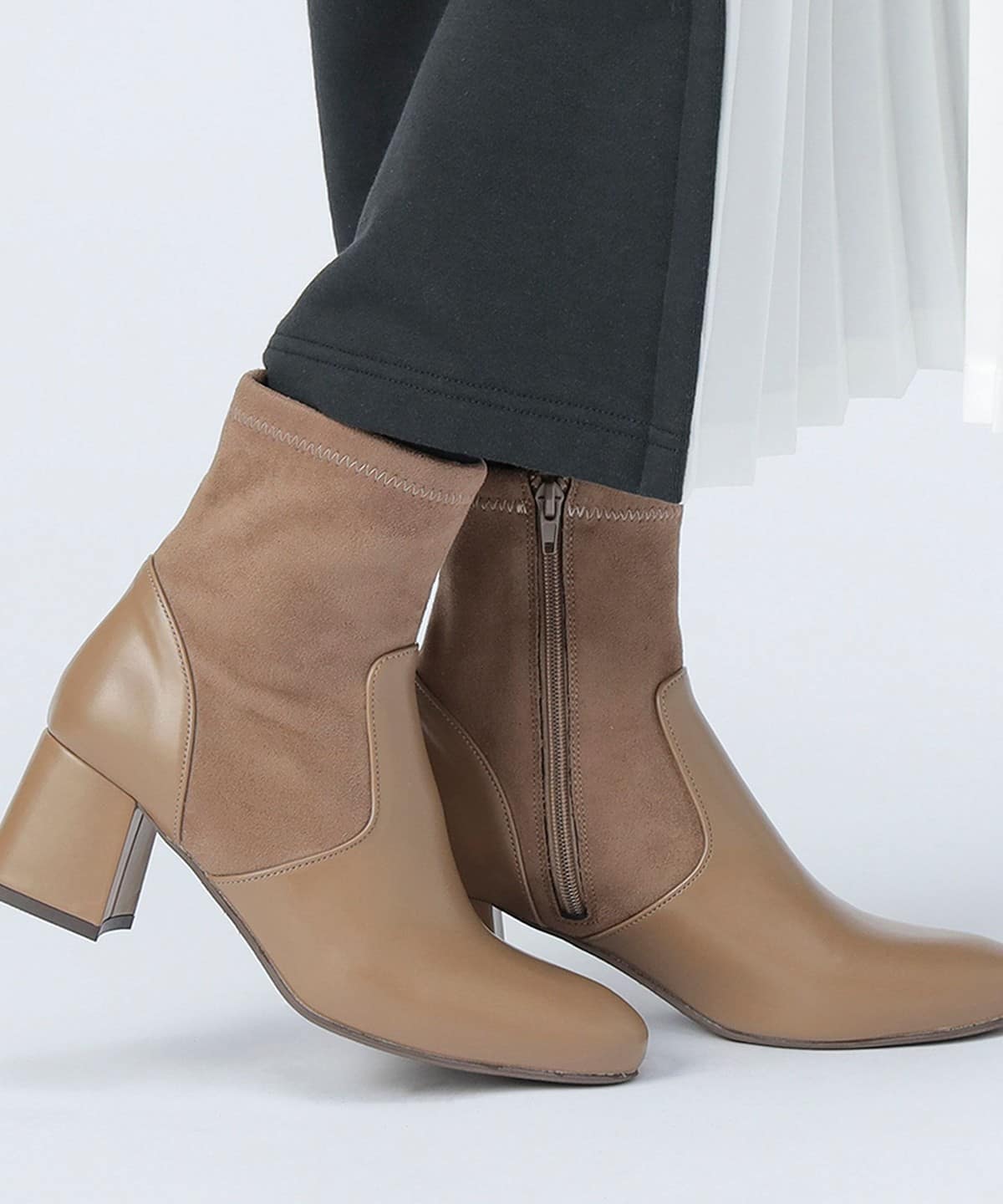 フェイク レザー スエード 切替 ブーツ シューズ WOMEN BEIGE M フェイク レザー スエード 切替 ブーツ シューズ WOMEN BEIGE M