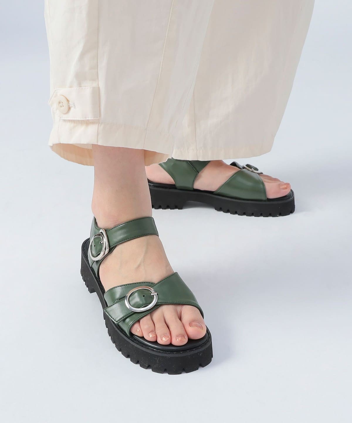 ダブルバックル 厚底ソール サンダル(22.5 24.5cm) シューズ WOMEN OLIVE L ダブルバックル 厚底ソール サンダル(22.5 24.5cm) シューズ WOMEN OLIVE L
