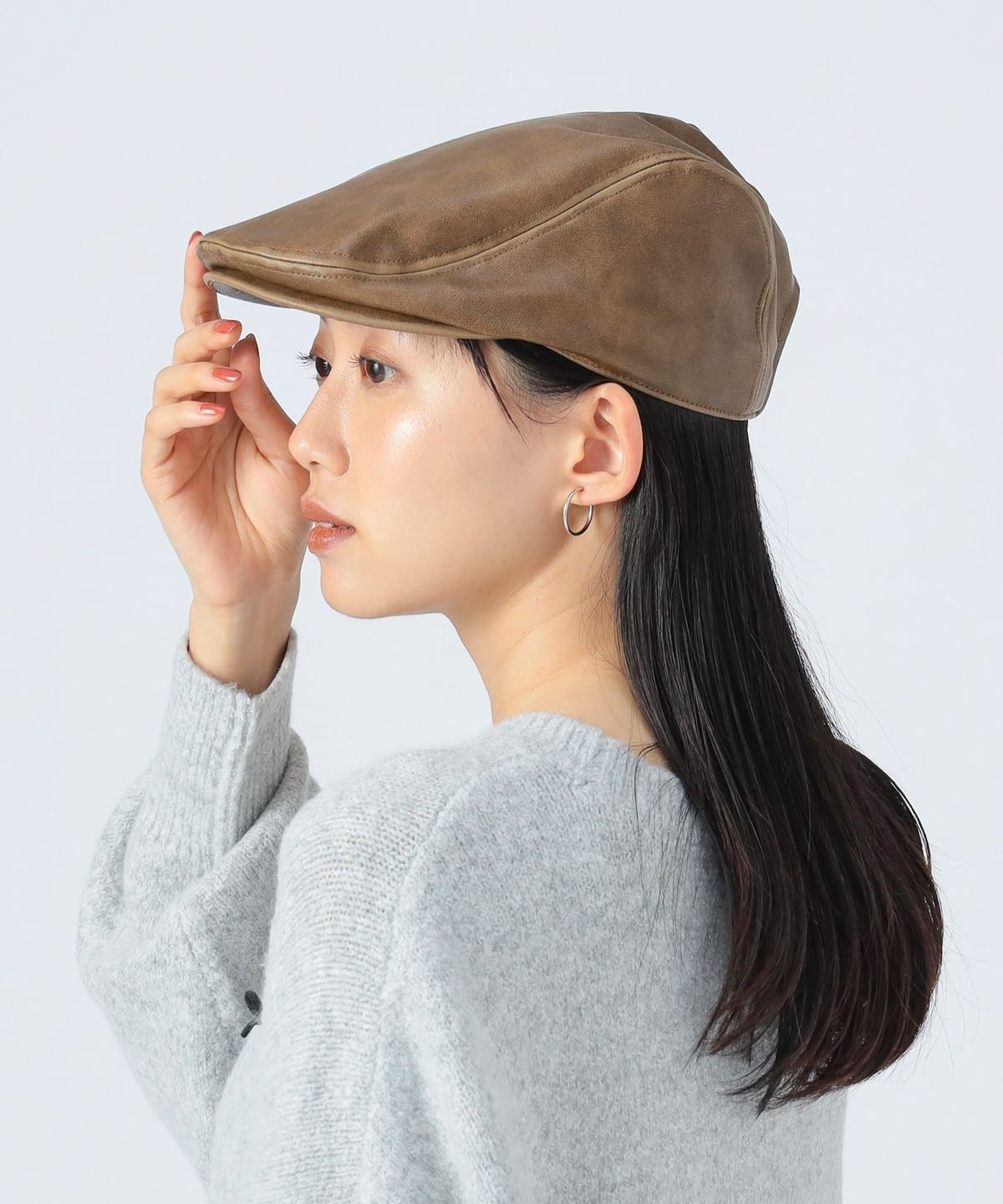 フェイクレザー ハンチング 帽子 WOMEN BROWN ONE SIZE