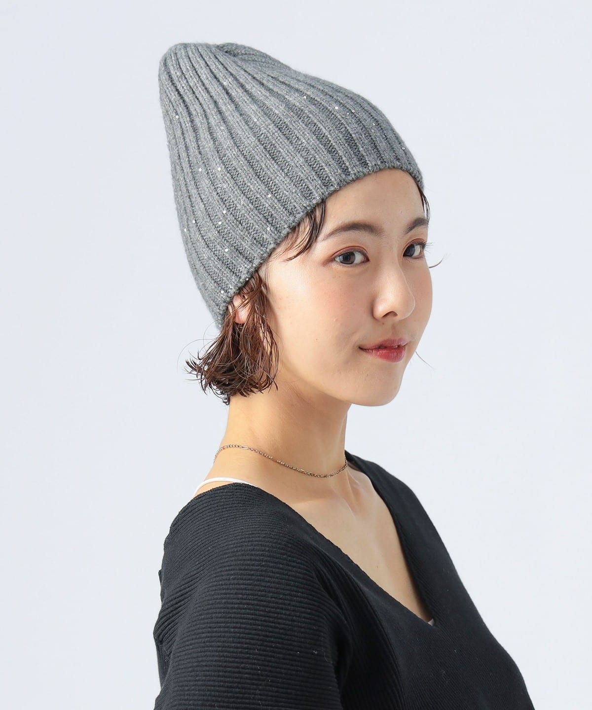 スパンコール リブ ビーニー 帽子 WOMEN GREY ONE SIZE
