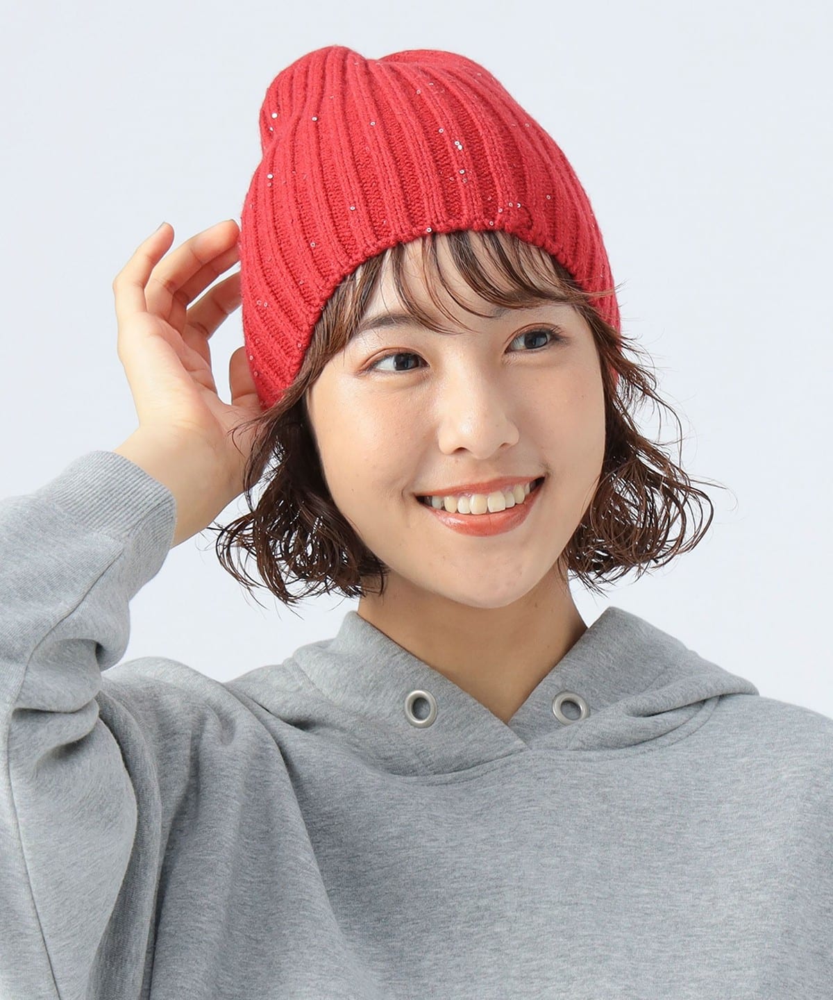 スパンコール リブ ビーニー 帽子 WOMEN RED ONE SIZE