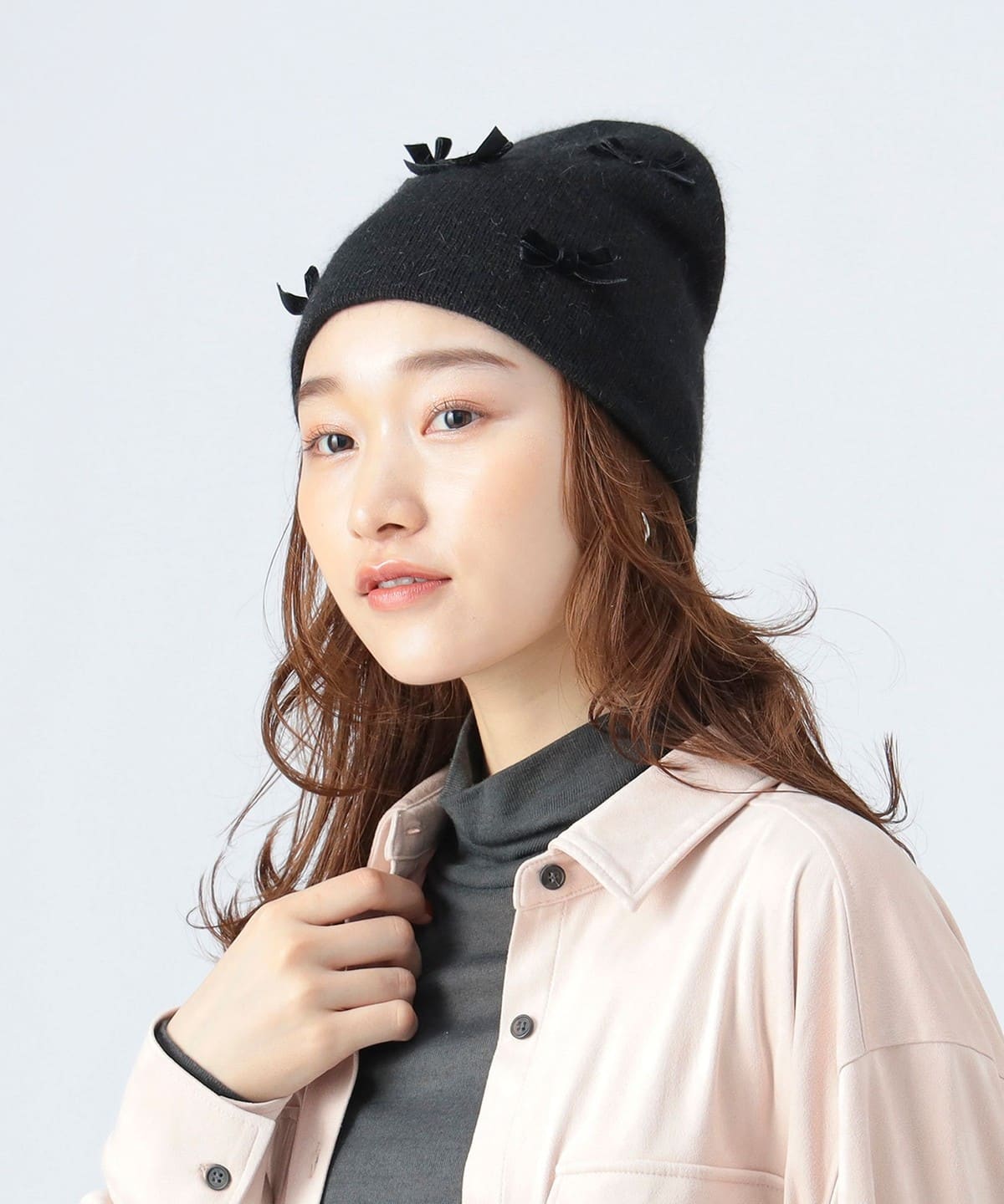 リボン シャギー ビーニー 帽子 WOMEN BLACK ONE SIZE