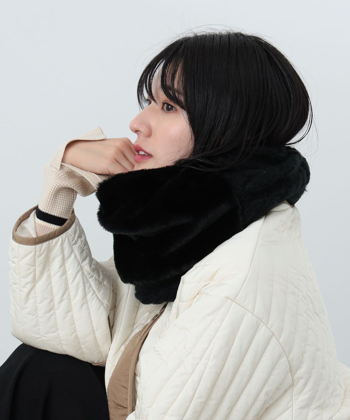 ケーブルニット × ファー コンビ スヌード ファッション雑貨 WOMEN BLACK ONE SIZE ケーブルニット × ファー コンビ スヌード ファッション雑貨 WOMEN BLACK ONE SIZE