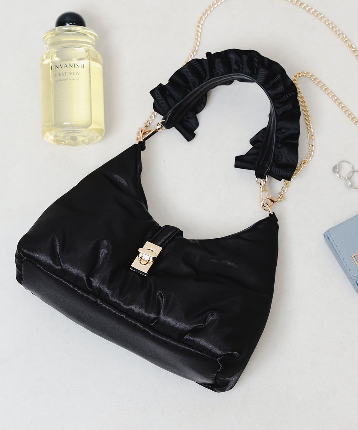 フリルハンドル サテン バッグ バッグ WOMEN BLACK ONE SIZE フリルハンドル サテン バッグ バッグ WOMEN BLACK ONE SIZE