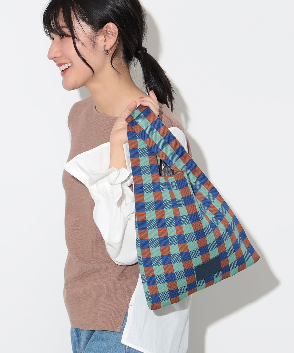 チェック ニットバッグ バッグ WOMEN BLUE ONE SIZE チェック ニットバッグ バッグ WOMEN BLUE ONE SIZE