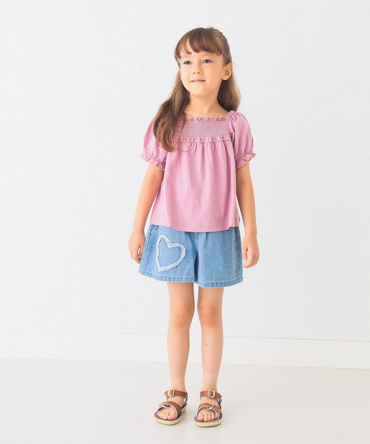 新品未使用BEAMS mini / スモック刺繍 ブラウススモークピンク130 BEAMS mini（ビームス ミニ）スモッキング パフスリーブ Tシャツ (90