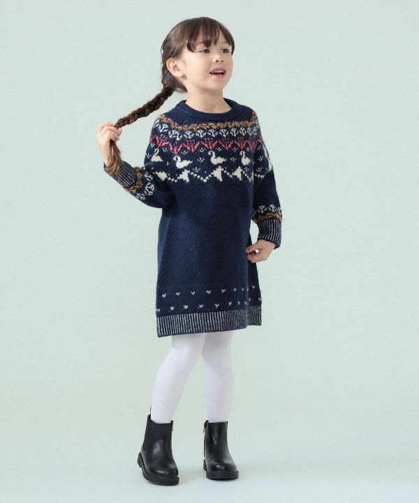 ユキノハナ柄 ニット ワンピース 2026FW（90～140cm） Model：H112（cm）Size：110