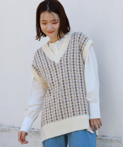 BeAMS DOT / チェック柄 オーバーサイズ ニットベスト