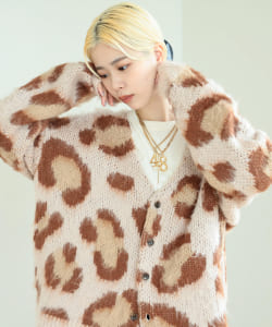 BeAMS DOT / モヘア風 レオパード カーディガン