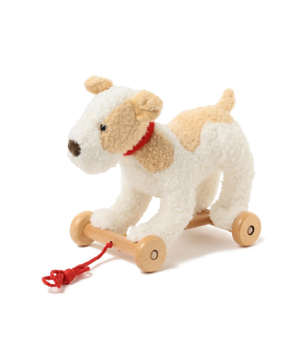 toy dog on wheels with lead