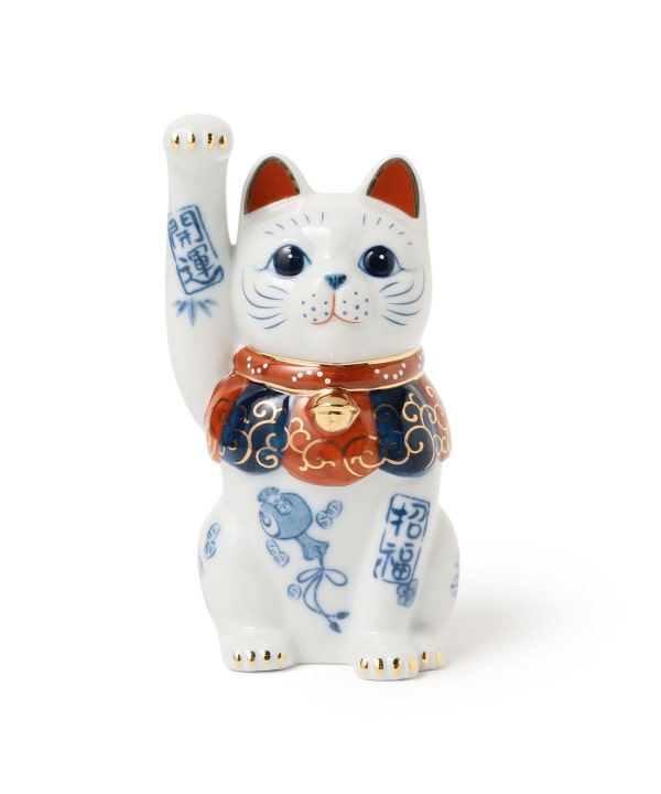 中外陶園 / 薬師窯 染付開運招福 招き猫 手長 4.5号