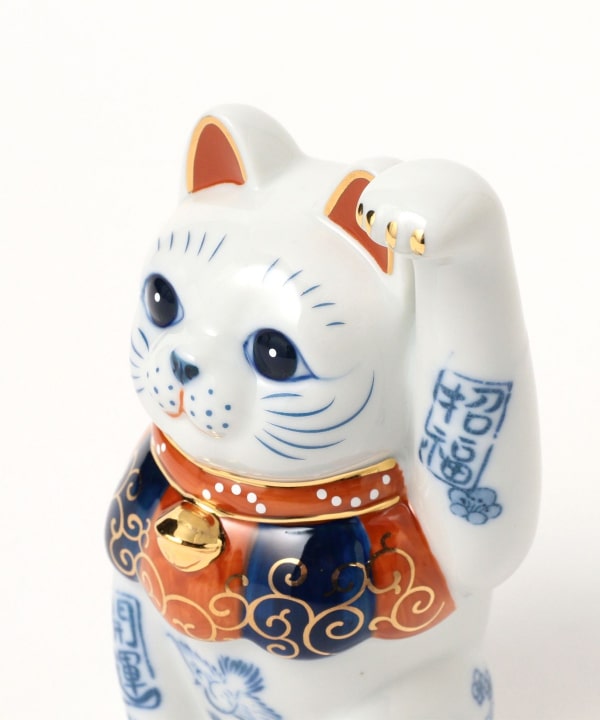 中外陶園 / 薬師窯 染付開運招福 招き猫 手長 4.5号
