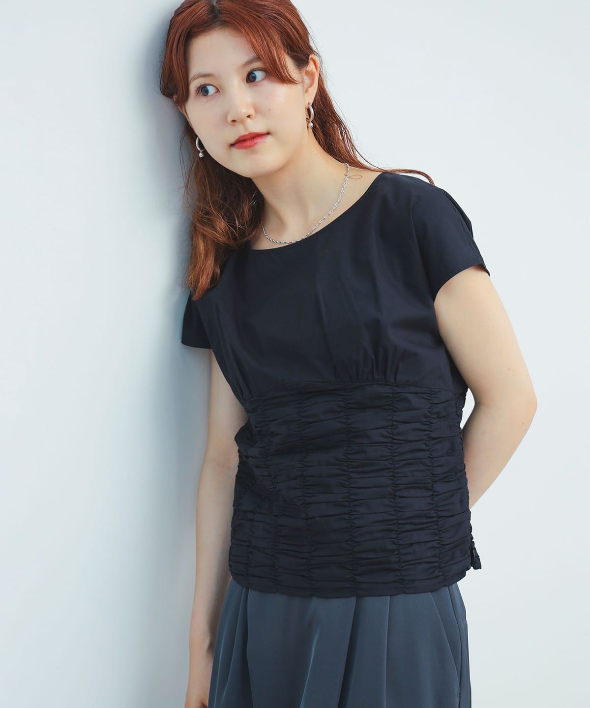 シャーリング ギャザー ウエスト フレンチスリーブ トップス トップス WOMEN BLACK 1 シャーリング ギャザー ウエスト フレンチスリーブ トップス トップス WOMEN BLACK 1