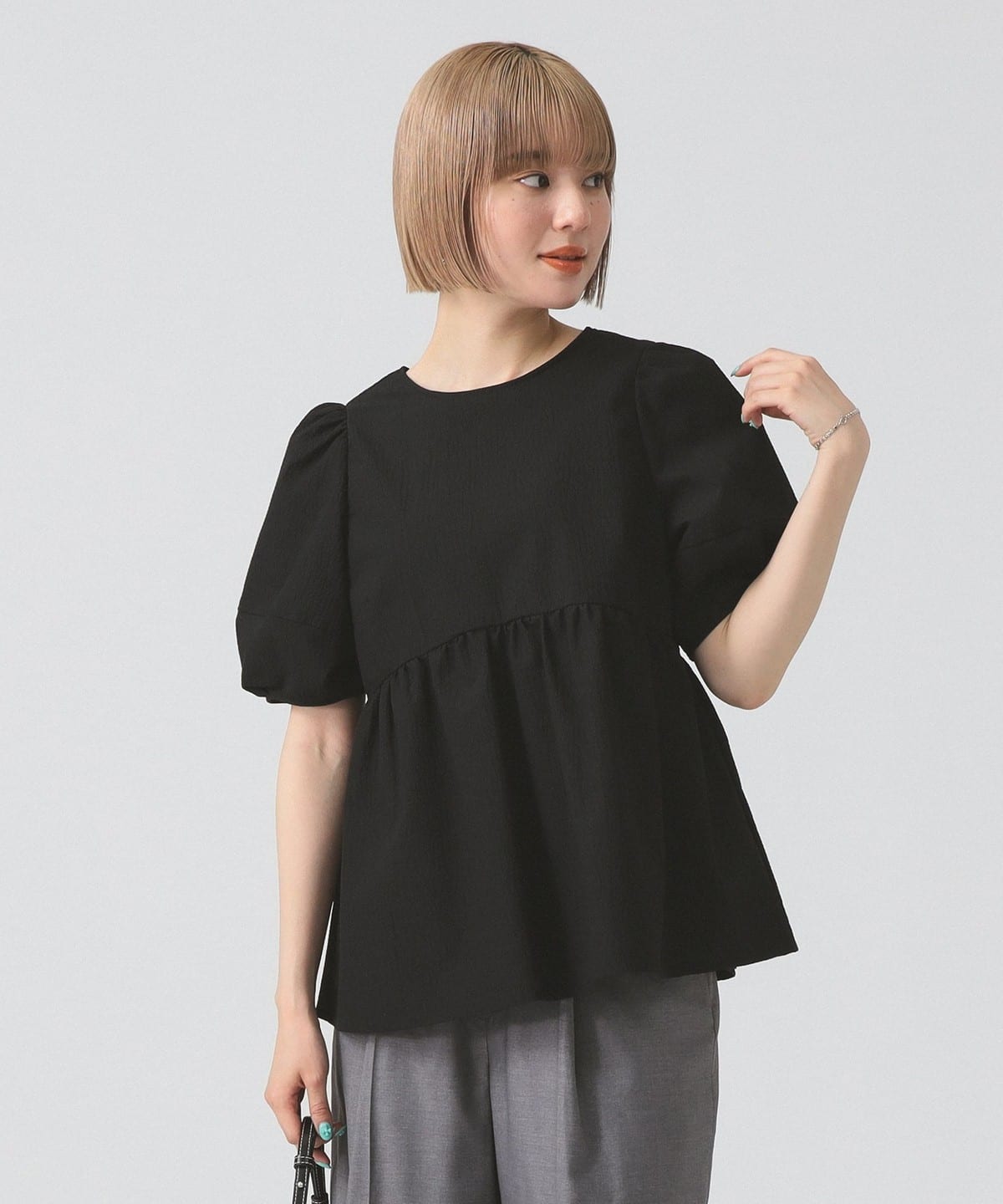 ランタンスリーブ ギャザー ブラウス シャツ・ブラウス WOMEN BLACK ONE SIZE ランタンスリーブ ギャザー ブラウス シャツ・ブラウス WOMEN BLACK ONE SIZE