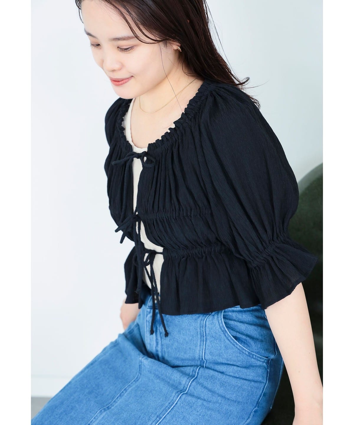 シャーリング リボン ブラウス シャツ・ブラウス WOMEN BLACK ONE SIZE シャーリング リボン ブラウス シャツ・ブラウス WOMEN BLACK ONE SIZE