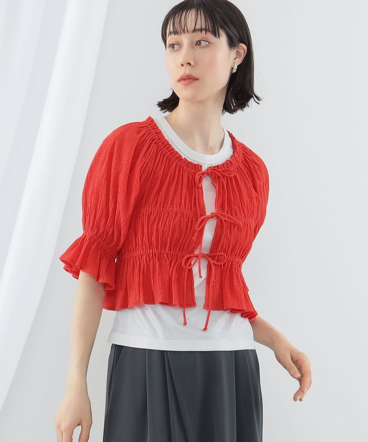 シャーリング リボン ブラウス シャツ・ブラウス WOMEN RED ONE SIZE シャーリング リボン ブラウス シャツ・ブラウス WOMEN RED ONE SIZE