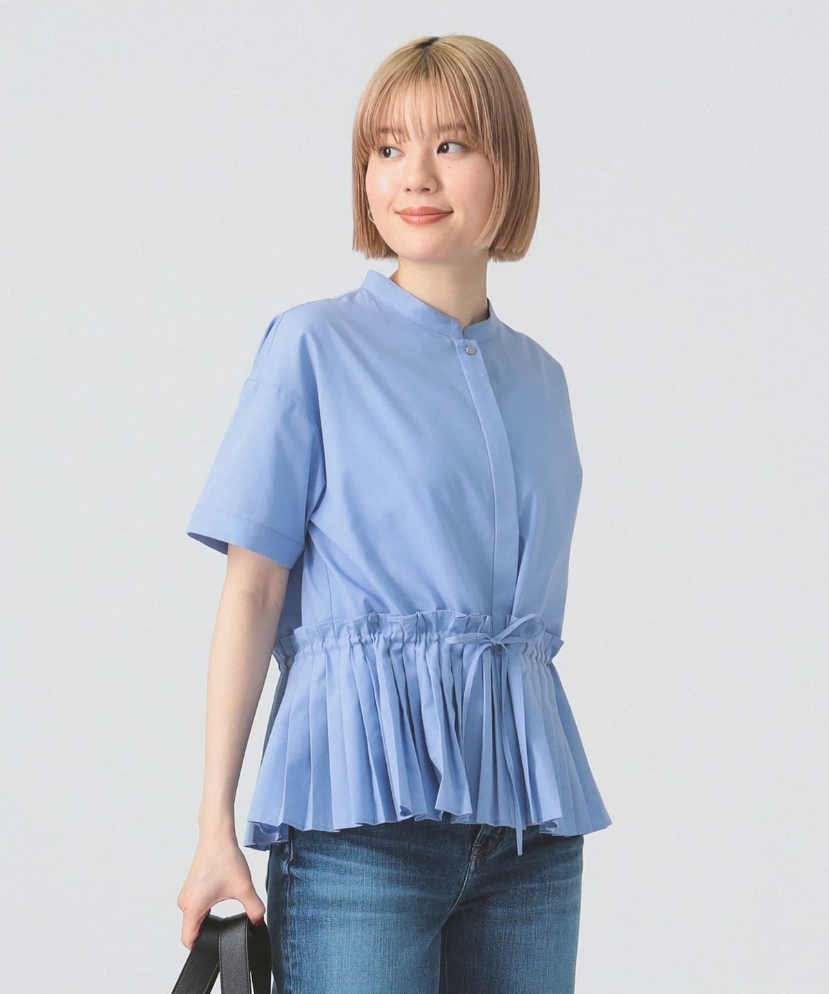 プリーツ キリカエ バンドカラー シャツ シャツ・ブラウス WOMEN BLUE ONE SIZE プリーツ キリカエ バンドカラー シャツ シャツ・ブラウス WOMEN BLUE ONE SIZE