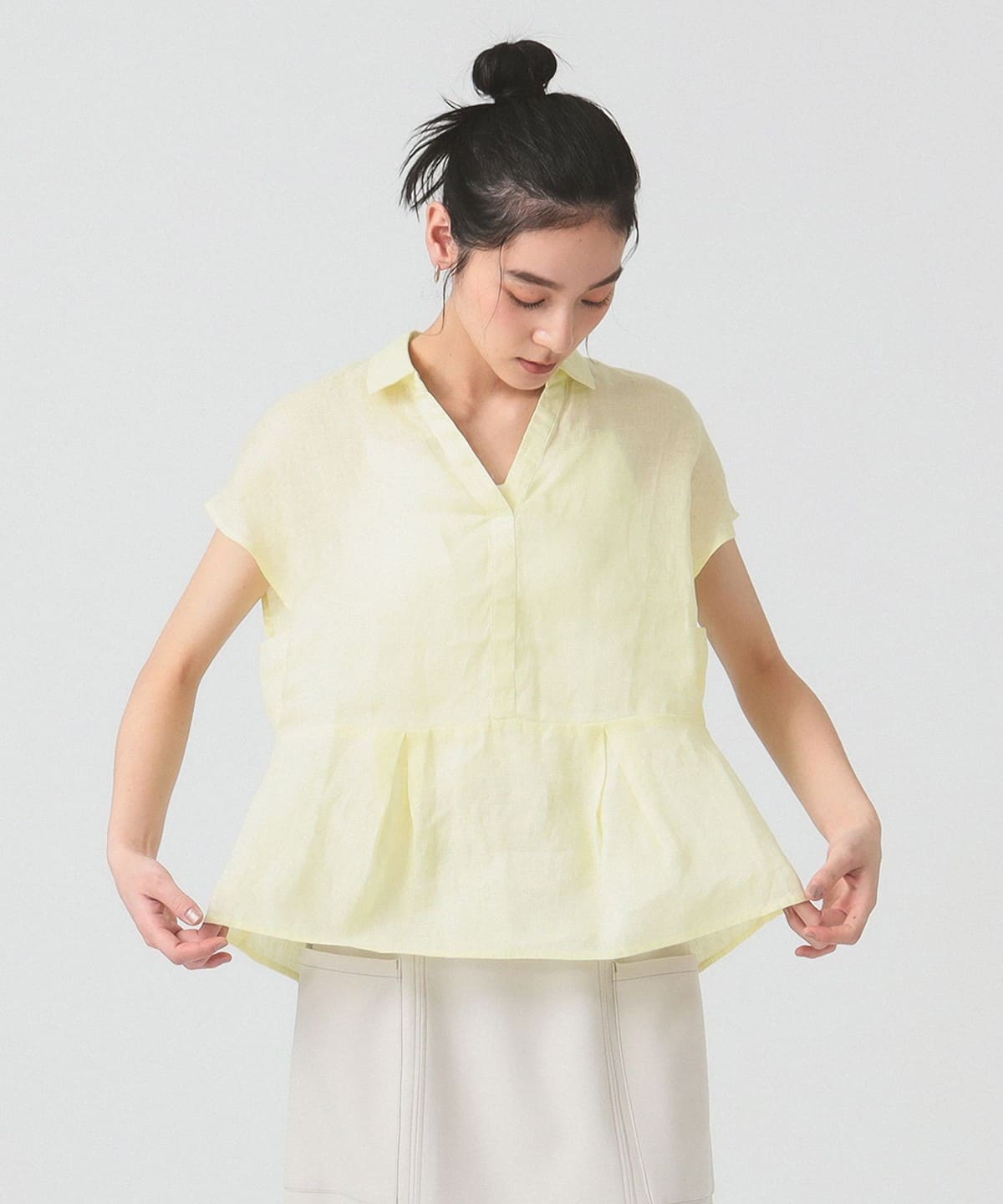 リネン フレンチスリーブ スキッパー シャツ シャツ・ブラウス WOMEN YELLOW ONE SIZE リネン フレンチスリーブ スキッパー シャツ シャツ・ブラウス WOMEN YELLOW ONE SIZE