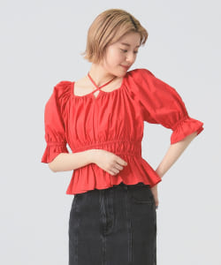 Gathered halter neck puff sleeve blouse
