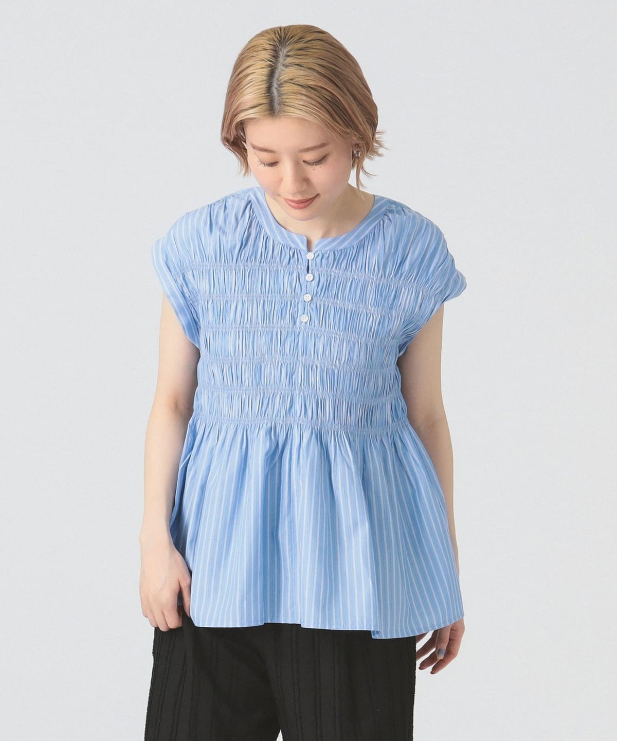 Ray BEAMS フレンチリネン ブラックシャツ セール】リネン フレンチスリーブ スキッパー シャツ（シャツ