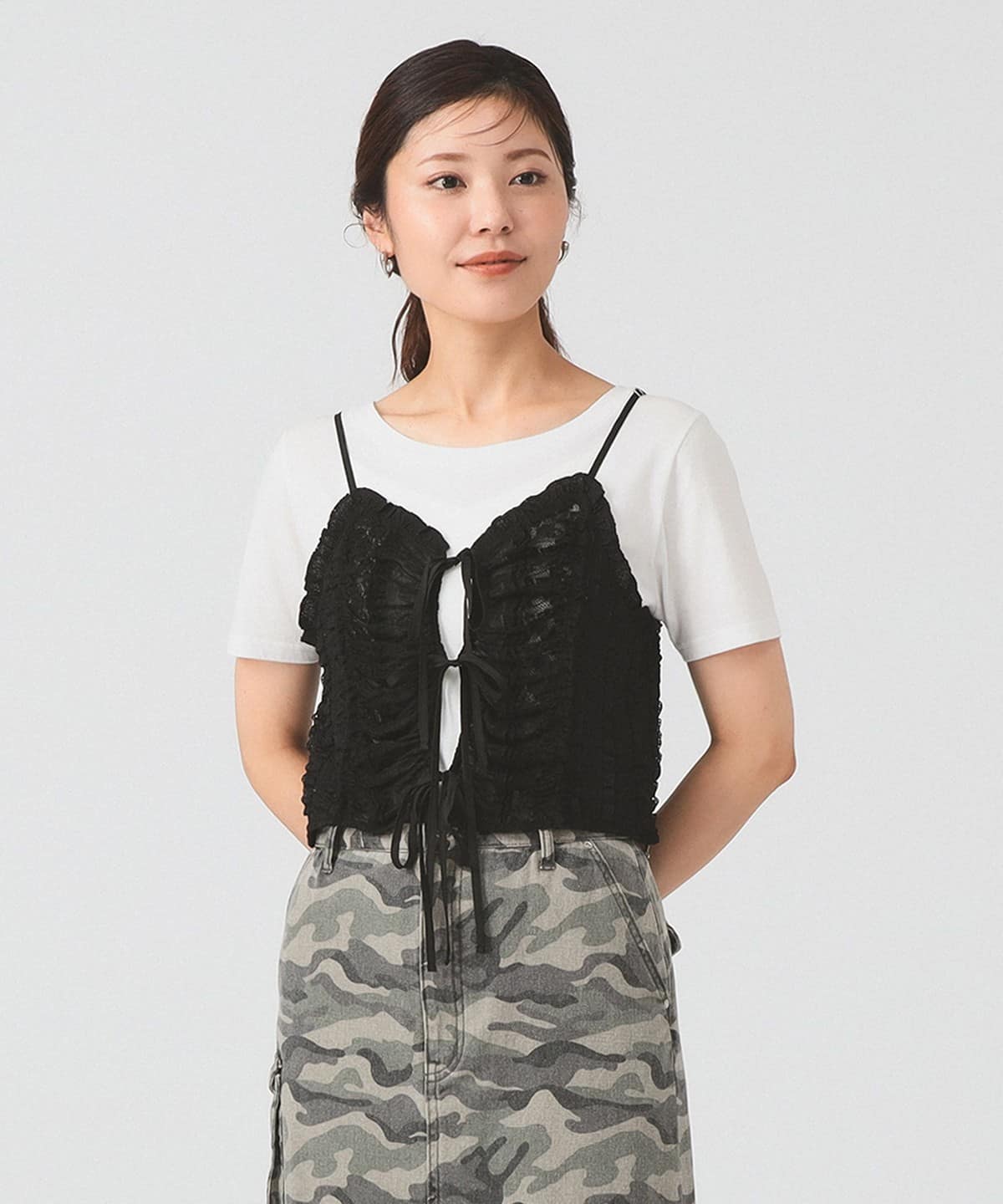 レース フリル ビスチェ Tシャツ・カットソー WOMEN BLACK ONE SIZE レース フリル ビスチェ Tシャツ・カットソー WOMEN BLACK ONE SIZE