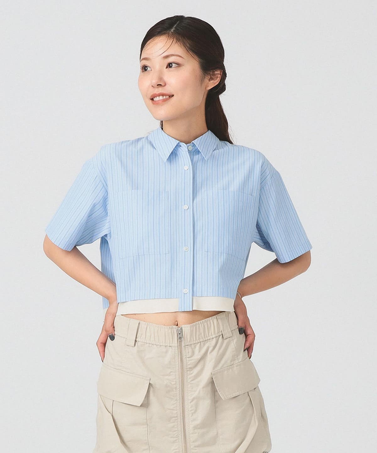 ストライプ クロップド シャツ シャツ・ブラウス WOMEN BLUE ONE SIZE ストライプ クロップド シャツ シャツ・ブラウス WOMEN BLUE ONE SIZE