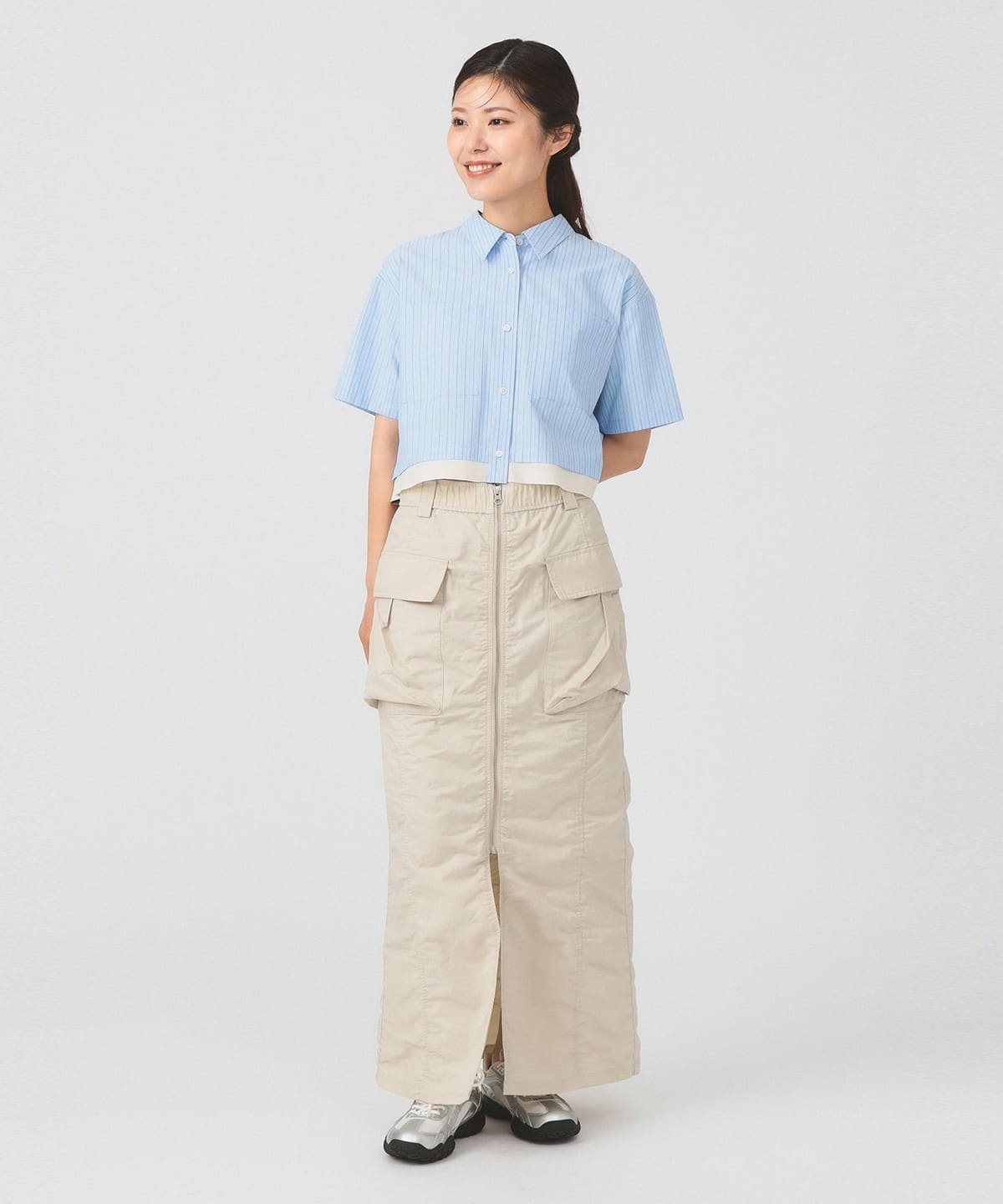 Ray BEAMS　レイビームス アウトポケットクロップドシャツ　ストライプ Ray BEAMS（レイ ビームス）ストライプ クロップド シャツ（シャツ