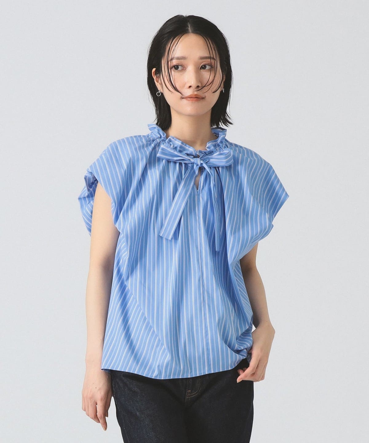 ボウタイ フレンチ パフスリーブ ブラウス シャツ・ブラウス WOMEN BLUE STRIPE ONE SIZE ボウタイ フレンチ パフスリーブ ブラウス シャツ・ブラウス WOMEN BLUE STRIPE ONE SIZE