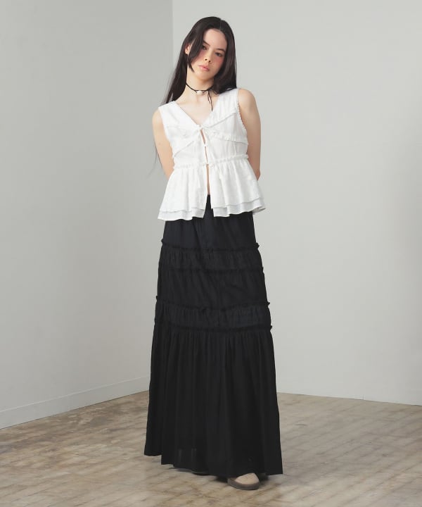 Ray BEAMS ブラック ハイウエストペプラムトップス 美品】Ray BEAMS 異素材切替 ペプラムトップス バックシャン