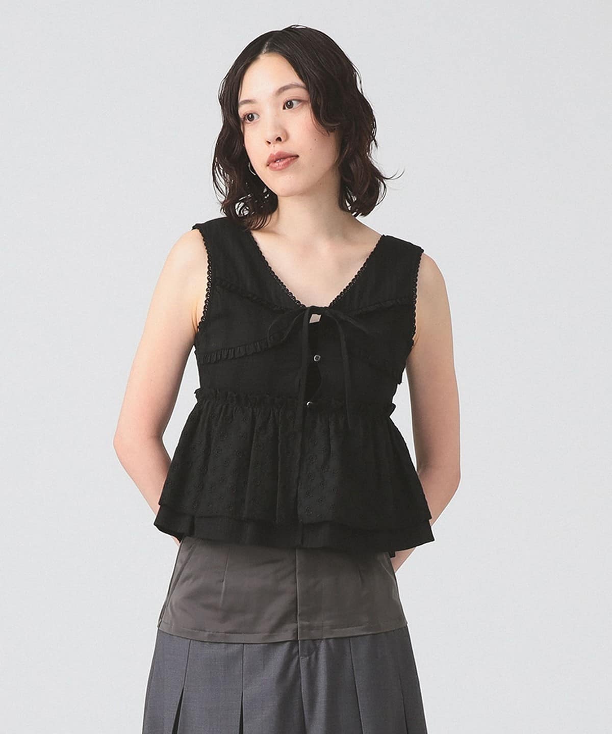 レース ペプラム ノースリーブ ブラウス シャツ・ブラウス WOMEN BLACK 0 レース ペプラム ノースリーブ ブラウス シャツ・ブラウス WOMEN BLACK 0