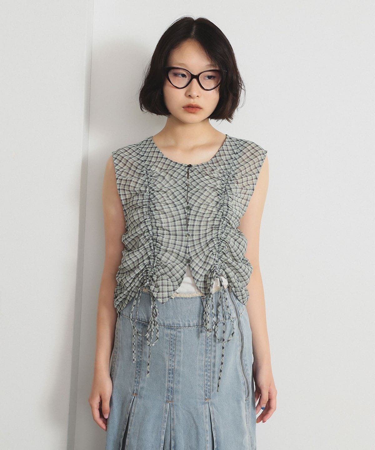 チェック ギャザー ノースリーブ ブラウス シャツ・ブラウス WOMEN GREY ONE SIZE チェック ギャザー ノースリーブ ブラウス シャツ・ブラウス WOMEN GREY ONE SIZE