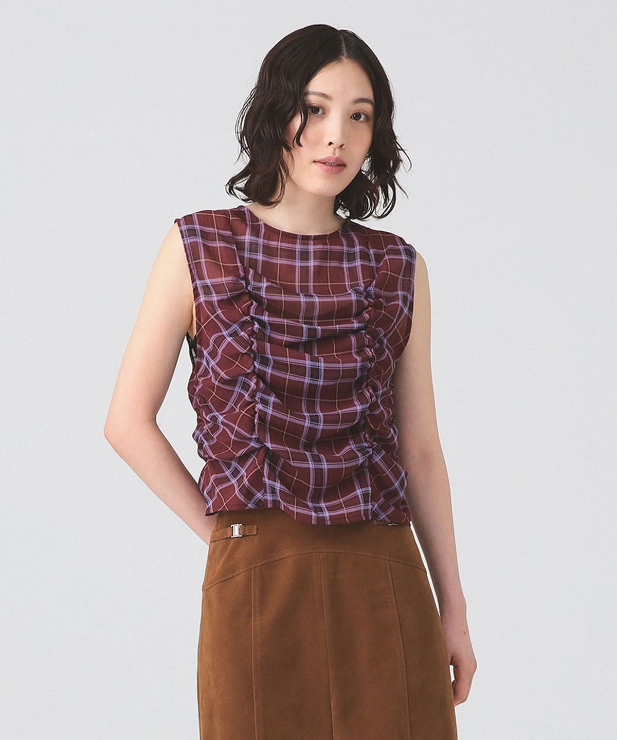 チェック ギャザー ノースリーブ ブラウス シャツ・ブラウス WOMEN BORDEAUX ONE SIZE チェック ギャザー ノースリーブ ブラウス シャツ・ブラウス WOMEN BORDEAUX ONE SIZE