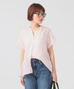 リネン スタンドカラー フレンチスリーブ シャツ