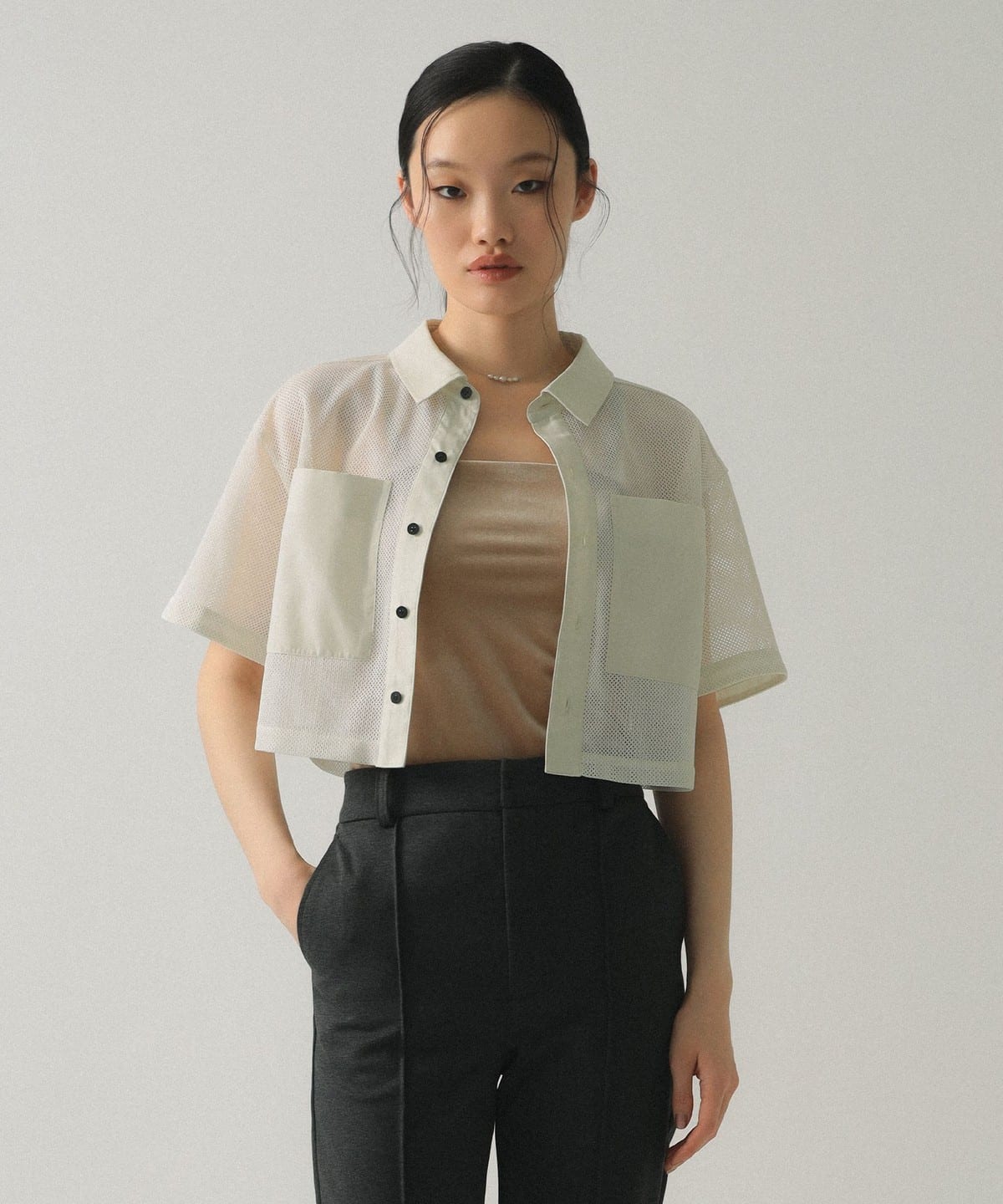 Ray BEAMS　レイビームス アウトポケットクロップドシャツ　ストライプ Ray BEAMS（レイ ビームス）ストライプ クロップド シャツ（シャツ