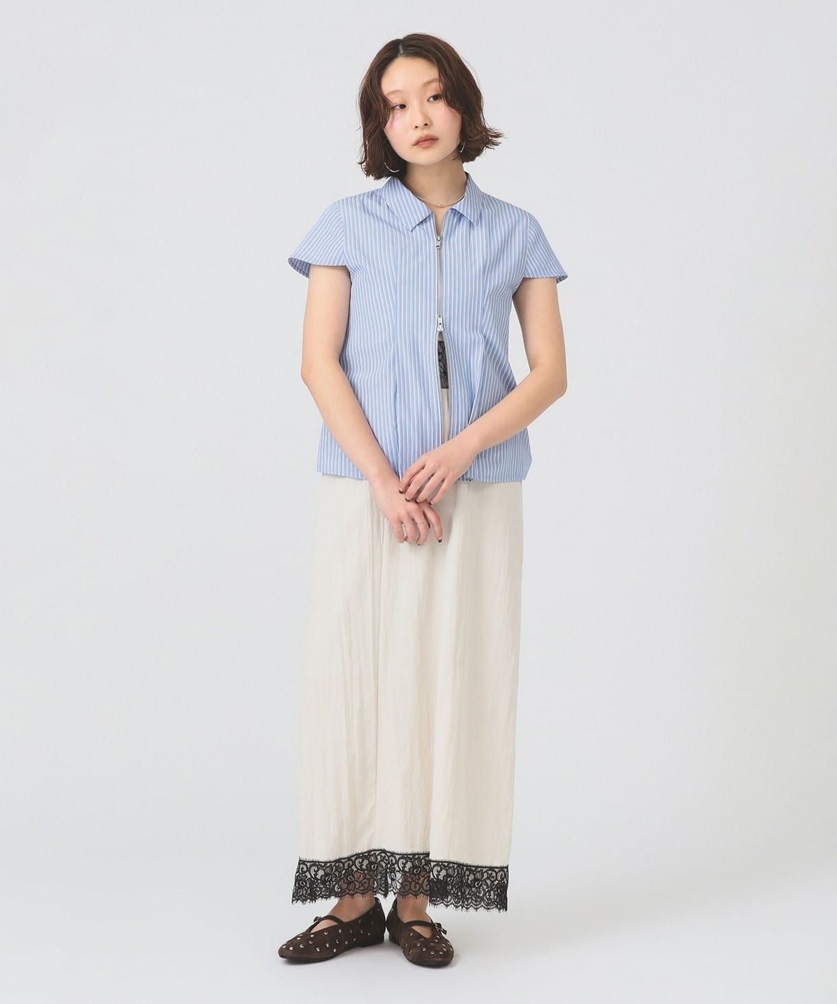 Ray BEAMS ストライプジップシャツ Ray BEAMS（レイ ビームス）ストライプ ジップ シャツ ハーフスリーブ