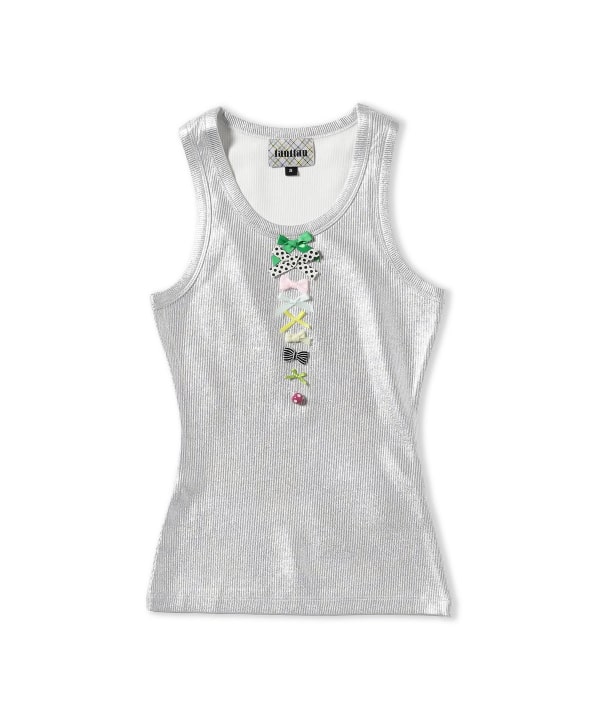 taottao / Ribbed Knit Tank Top with Bows Silver