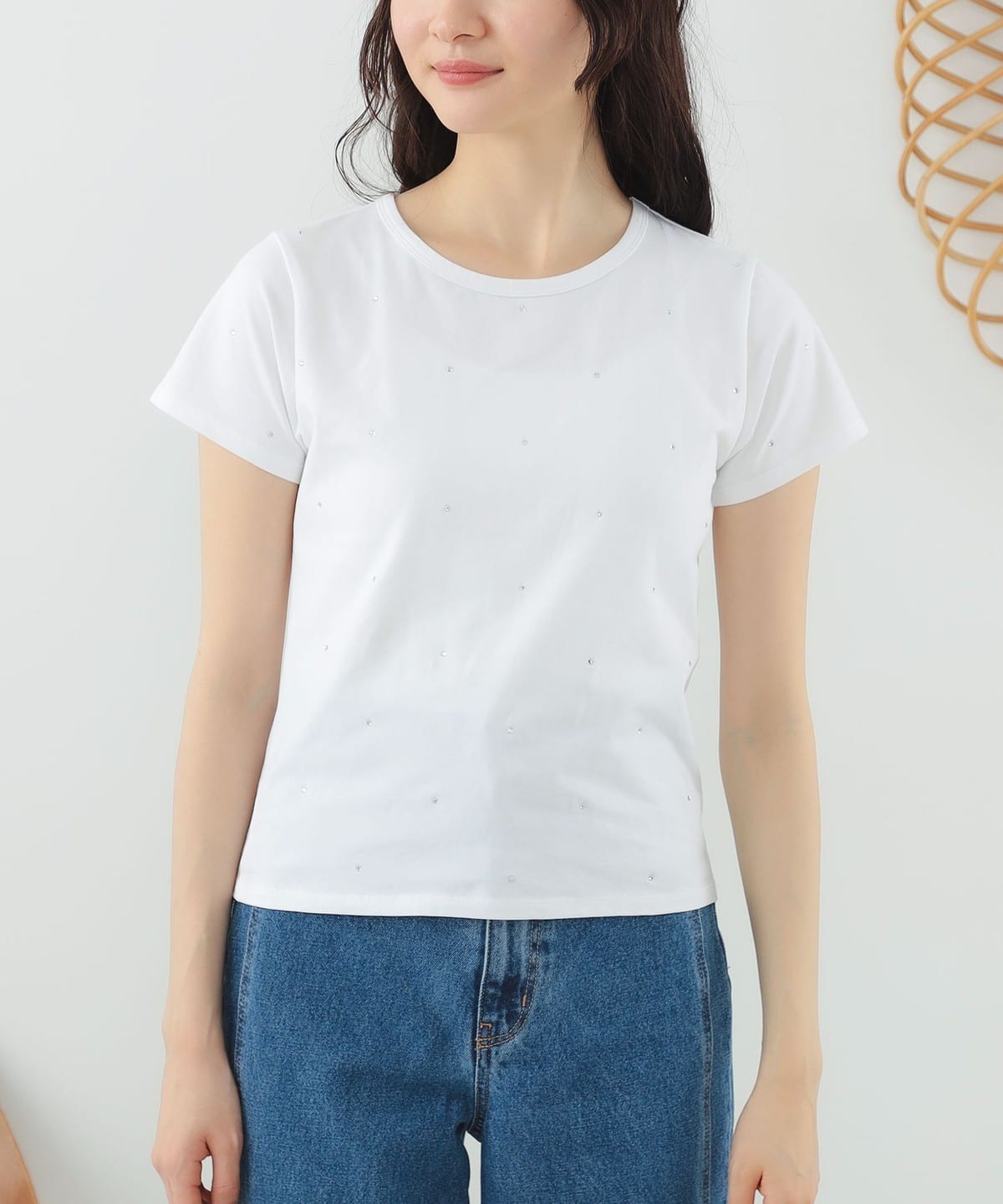 Ray BEAMS - Ray BEAMS / ライン ストーン ストレッチ Tシャツ Ray BEAMS（レイ ビームス）ライン ストーン ストレッチ Tシャツ