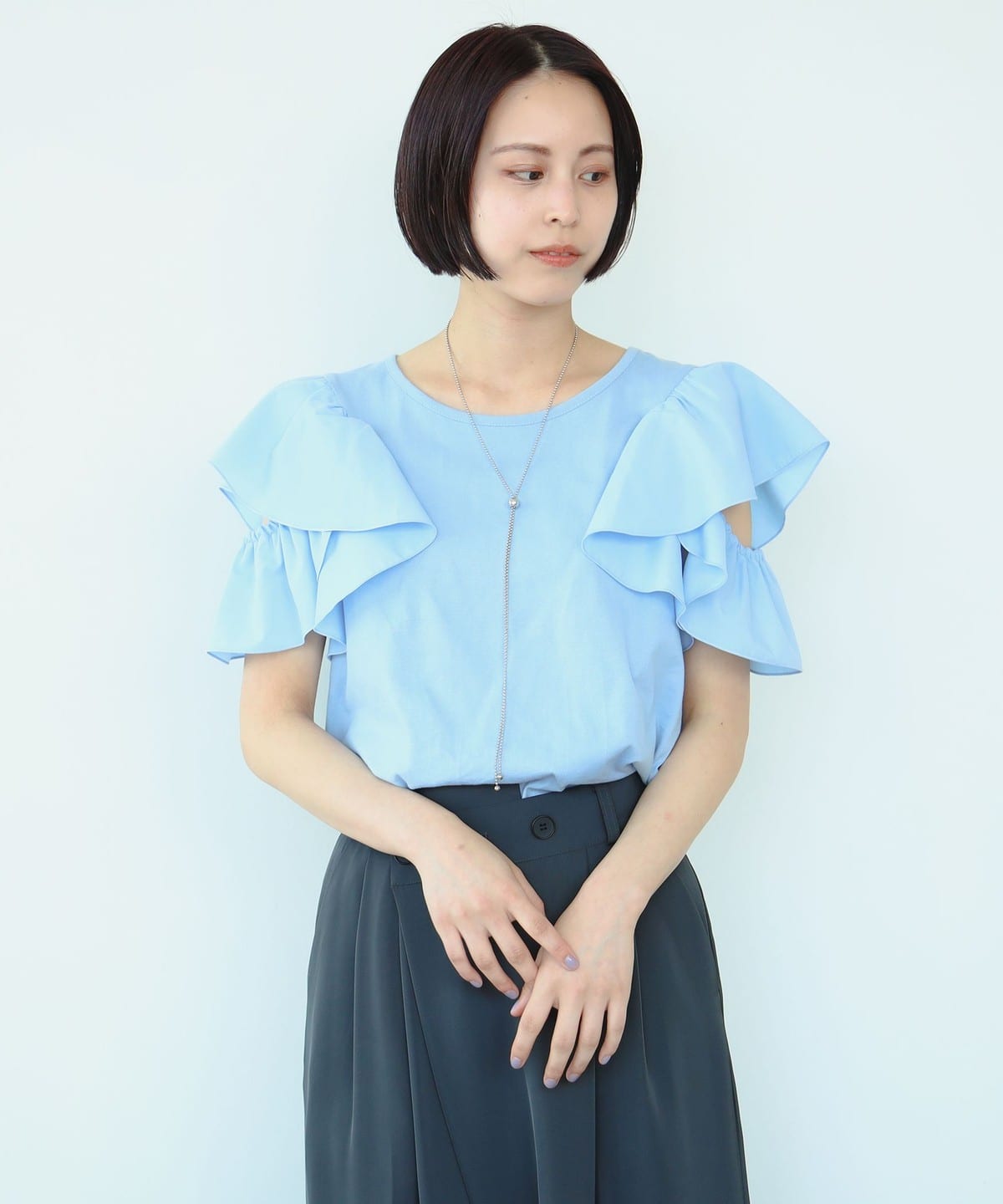 ラッフル オープン スリーブ プルオーバー Tシャツ・カットソー WOMEN BLUE ONE SIZE