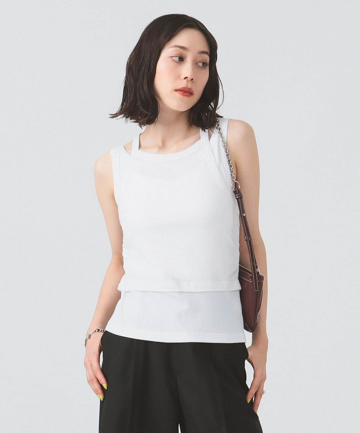 Wストラップ テレコタンクトップ Tシャツ・カットソー WOMEN WHITE ONE SIZE Wストラップ テレコタンクトップ Tシャツ・カットソー WOMEN WHITE ONE SIZE