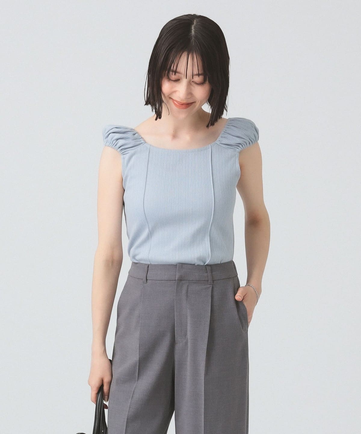 ハリヌキ テレコ フレンチ パフスリーブ Tシャツ Tシャツ・カットソー WOMEN BLUE ONE SIZE ハリヌキ テレコ フレンチ パフスリーブ Tシャツ Tシャツ・カットソー WOMEN BLUE ONE SIZE