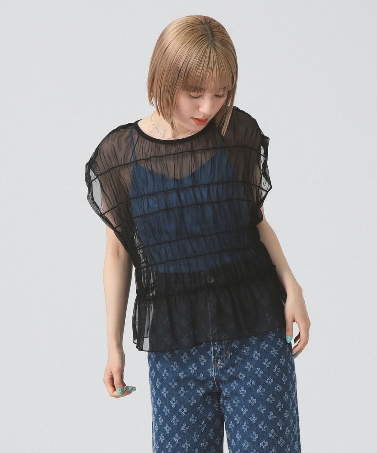 シアー シャーリング フレンチスリーブ Tシャツ・カットソー WOMEN BLACK ONE SIZE シアー シャーリング フレンチスリーブ Tシャツ・カットソー WOMEN BLACK ONE SIZE