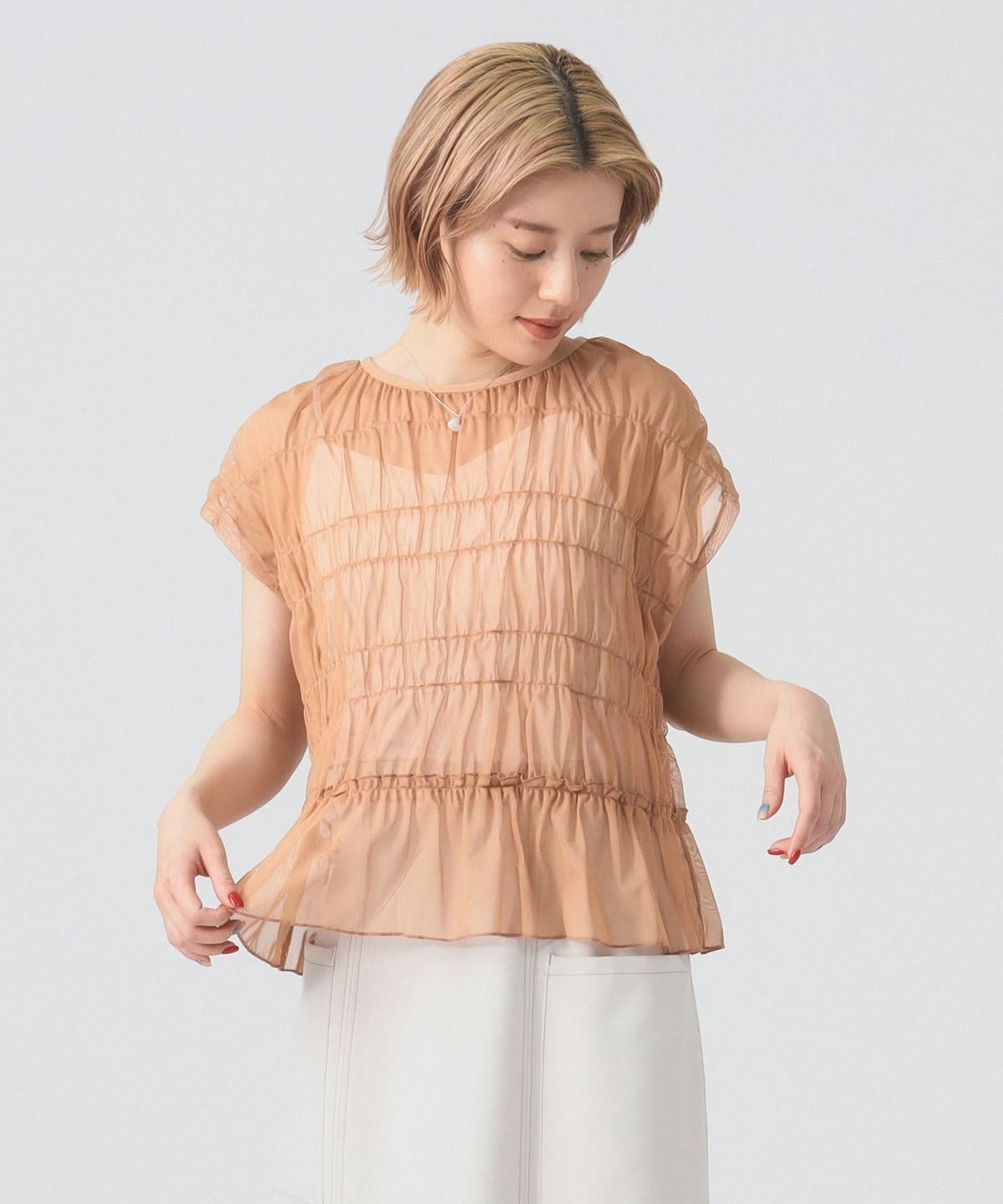 シアー シャーリング フレンチスリーブ Tシャツ・カットソー WOMEN MOCHA ONE SIZE シアー シャーリング フレンチスリーブ Tシャツ・カットソー WOMEN MOCHA ONE SIZE