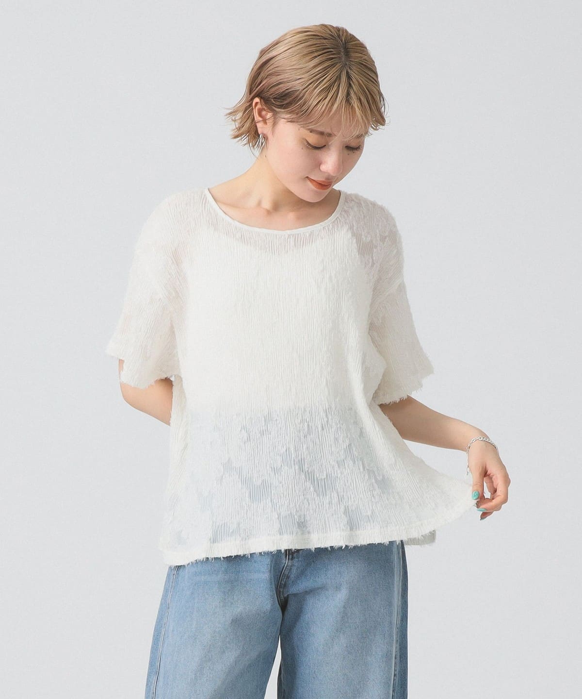 フリンジ ジャカード ワイド Tシャツ Tシャツ・カットソー WOMEN WHITE ONE SIZE フリンジ ジャカード ワイド Tシャツ Tシャツ・カットソー WOMEN WHITE ONE SIZE