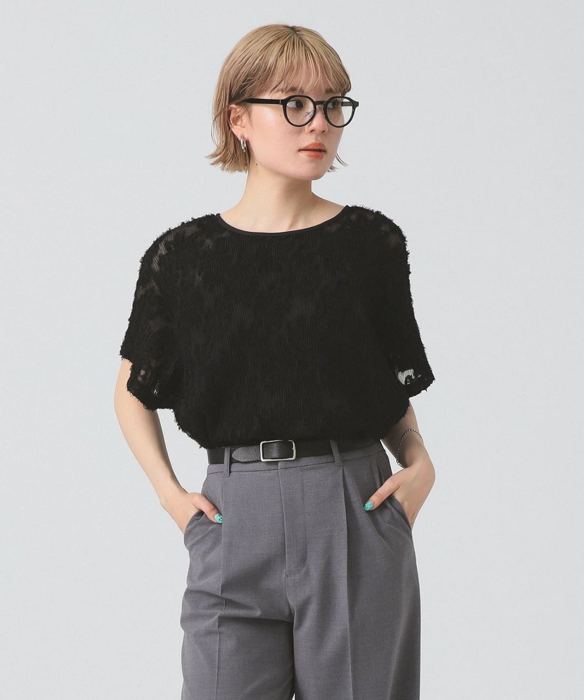 フリンジ ジャカード ワイド Tシャツ Tシャツ・カットソー WOMEN BLACK ONE SIZE フリンジ ジャカード ワイド Tシャツ Tシャツ・カットソー WOMEN BLACK ONE SIZE