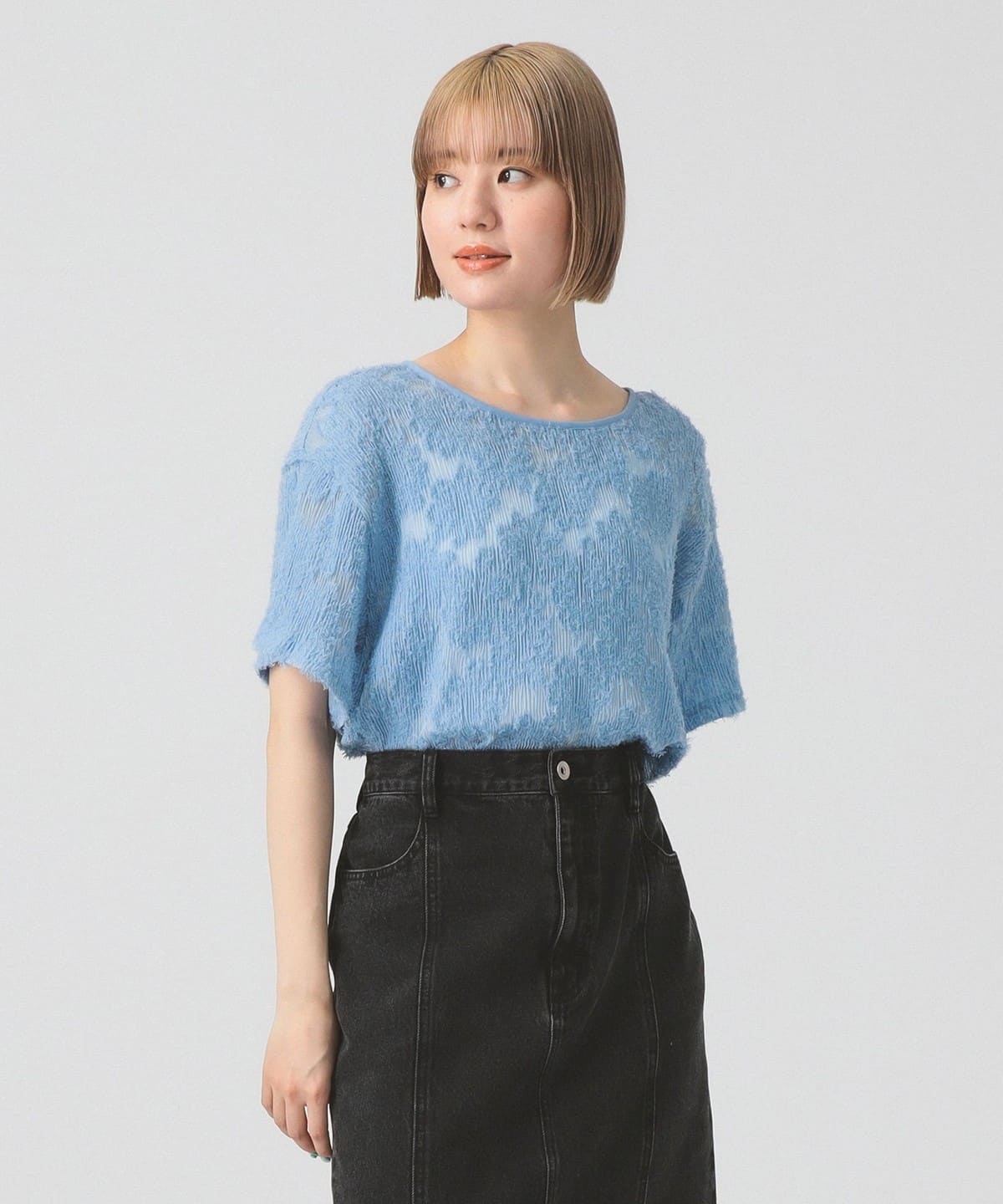フリンジ ジャカード ワイド Tシャツ Tシャツ・カットソー WOMEN BLUE ONE SIZE フリンジ ジャカード ワイド Tシャツ Tシャツ・カットソー WOMEN BLUE ONE SIZE